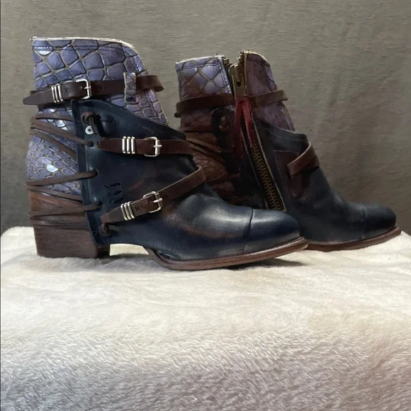 freebird Black Leather Ankle Boots with Brown Strap Accents - Picture 5 of 10